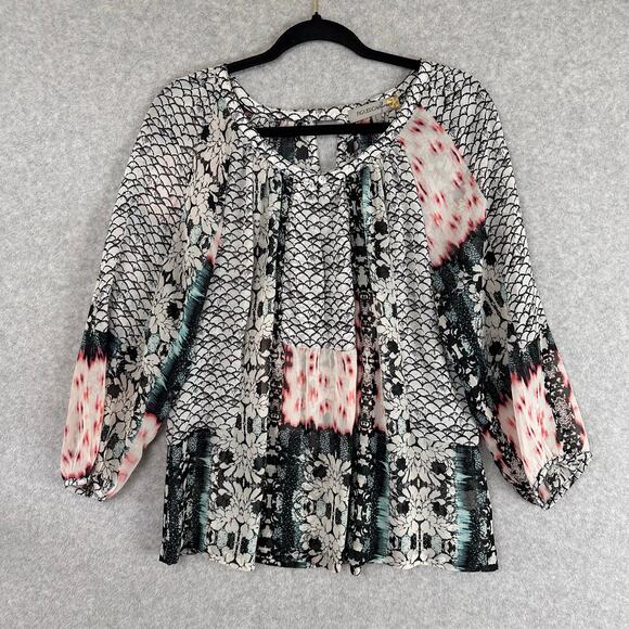 Figueroa & Flower Anthropologie Blouse Size L Mixed Print Sheer Artsy Boho Top - Picture 14 of 15